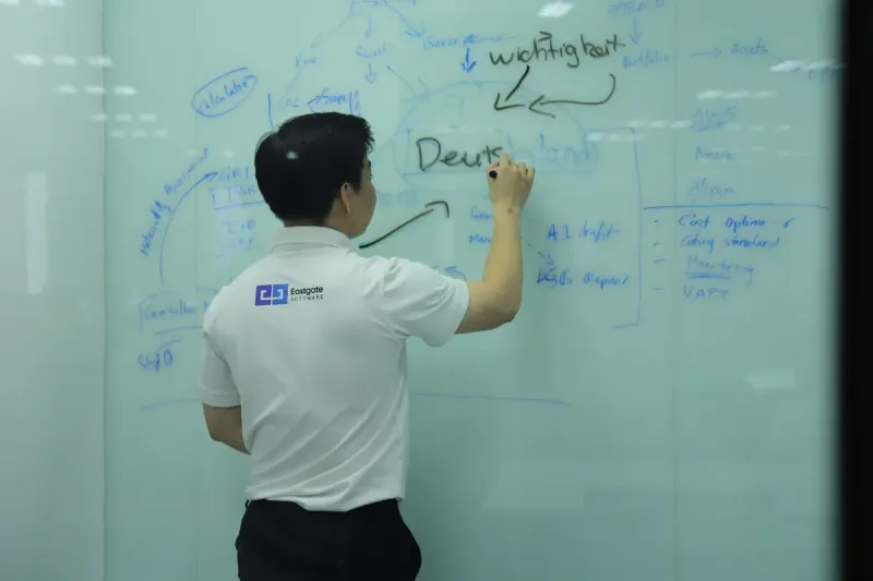 Solution architect whiteboarding architecture for a German client project